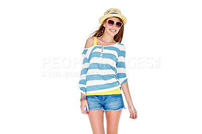 Buy stock photo Studio shot of a young woman dressed for summer isolated on white