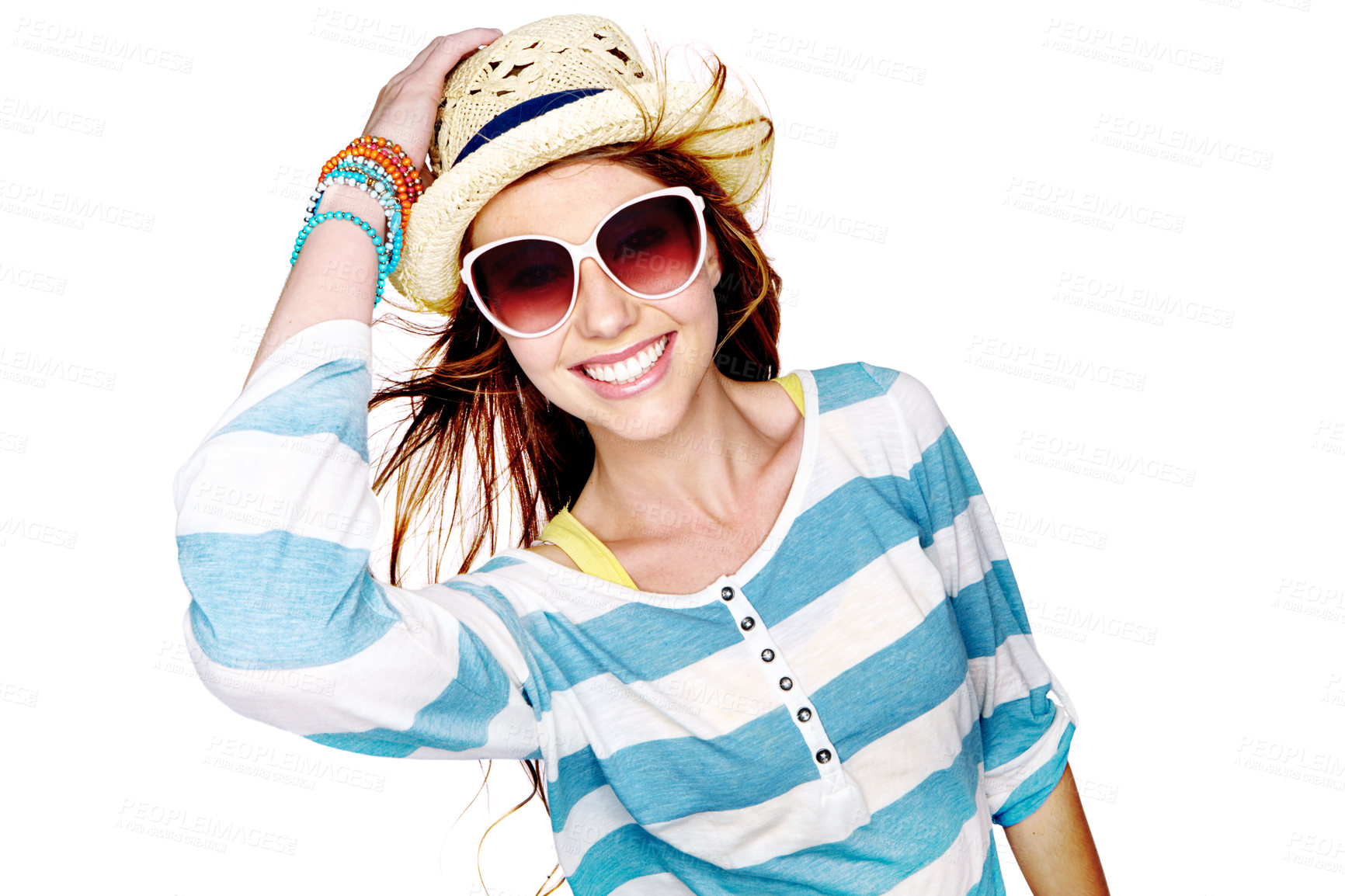 Buy stock photo Studio shot of a young woman dressed for summer isolated on white