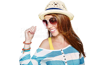 Buy stock photo Studio shot of a young woman dressed for summer isolated on white