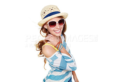 Buy stock photo Studio shot of a young woman dressed for summer isolated on white