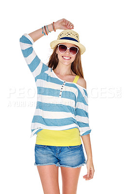 Buy stock photo Smile, casual fashion and woman with sunglasses in studio for summer and confidence. Model, gen z person or girl with shades for trendy outfit, clothes and positive attitude on white background