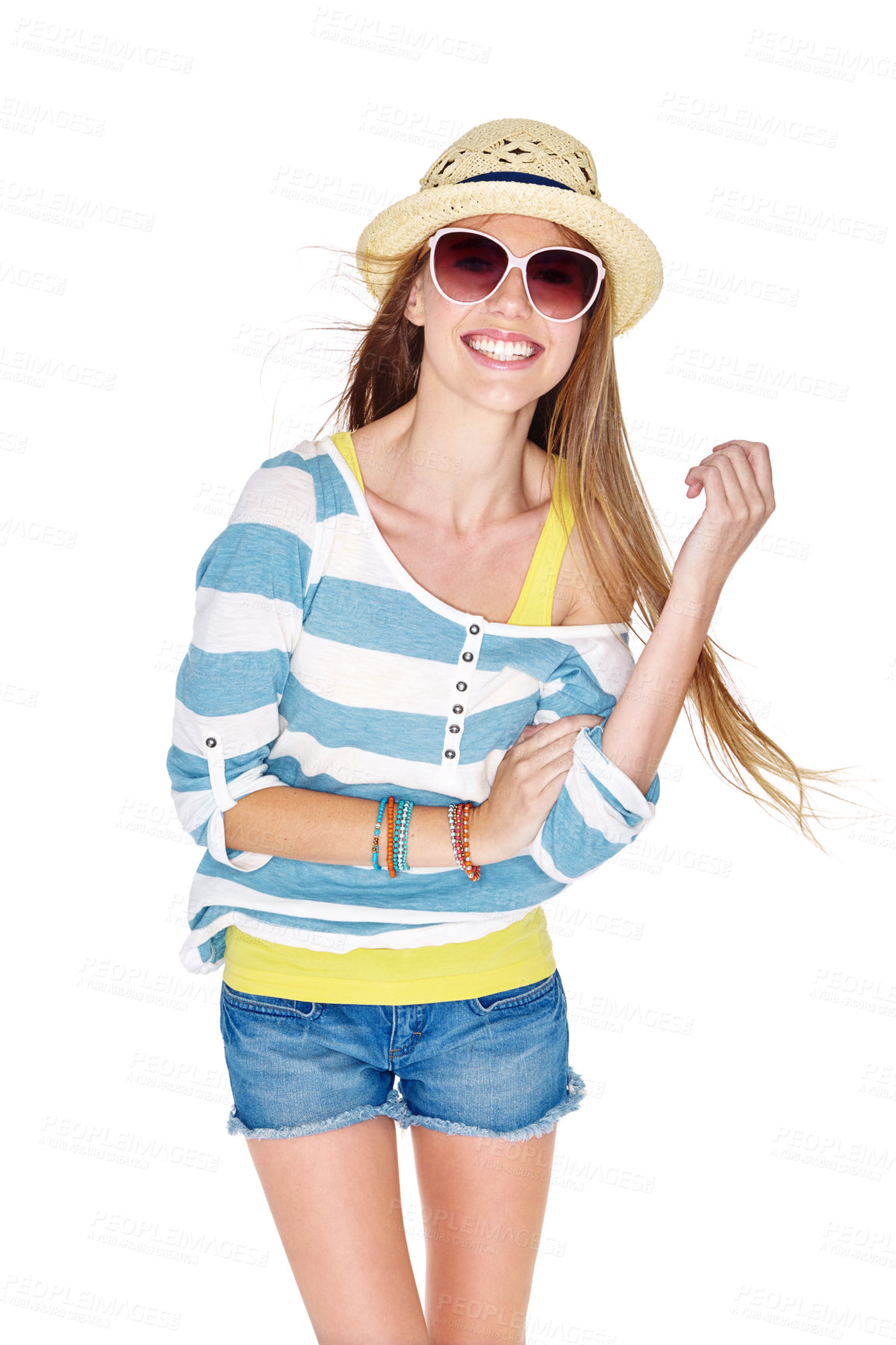 Buy stock photo Studio shot of a young woman dressed for summer isolated on white