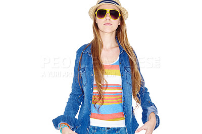 Buy stock photo Studio shot of a young woman dressed for summer isolated on white