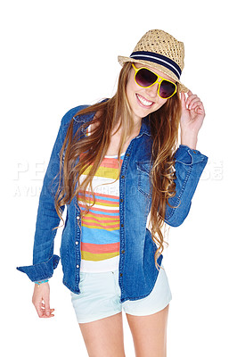 Buy stock photo Studio shot of a young woman dressed for summer isolated on white