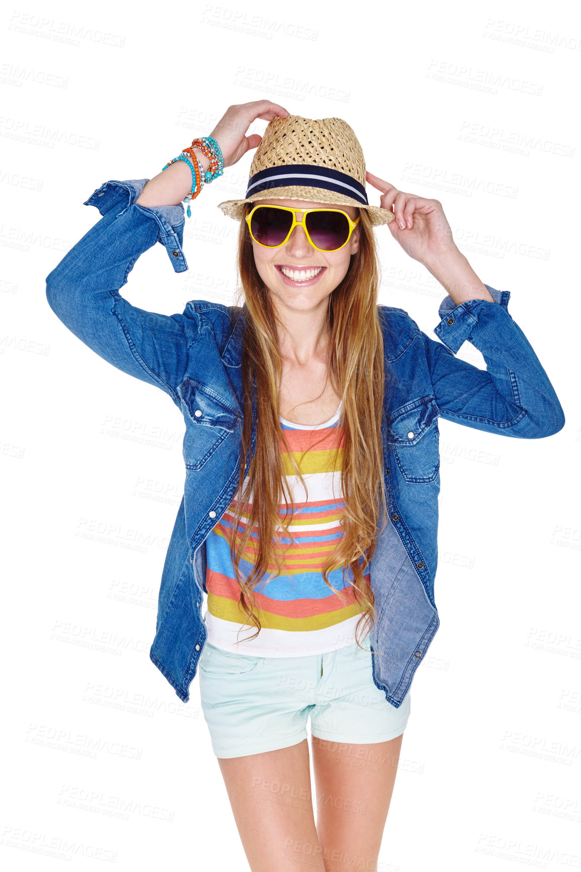 Buy stock photo Studio shot of a young woman dressed for summer isolated on white