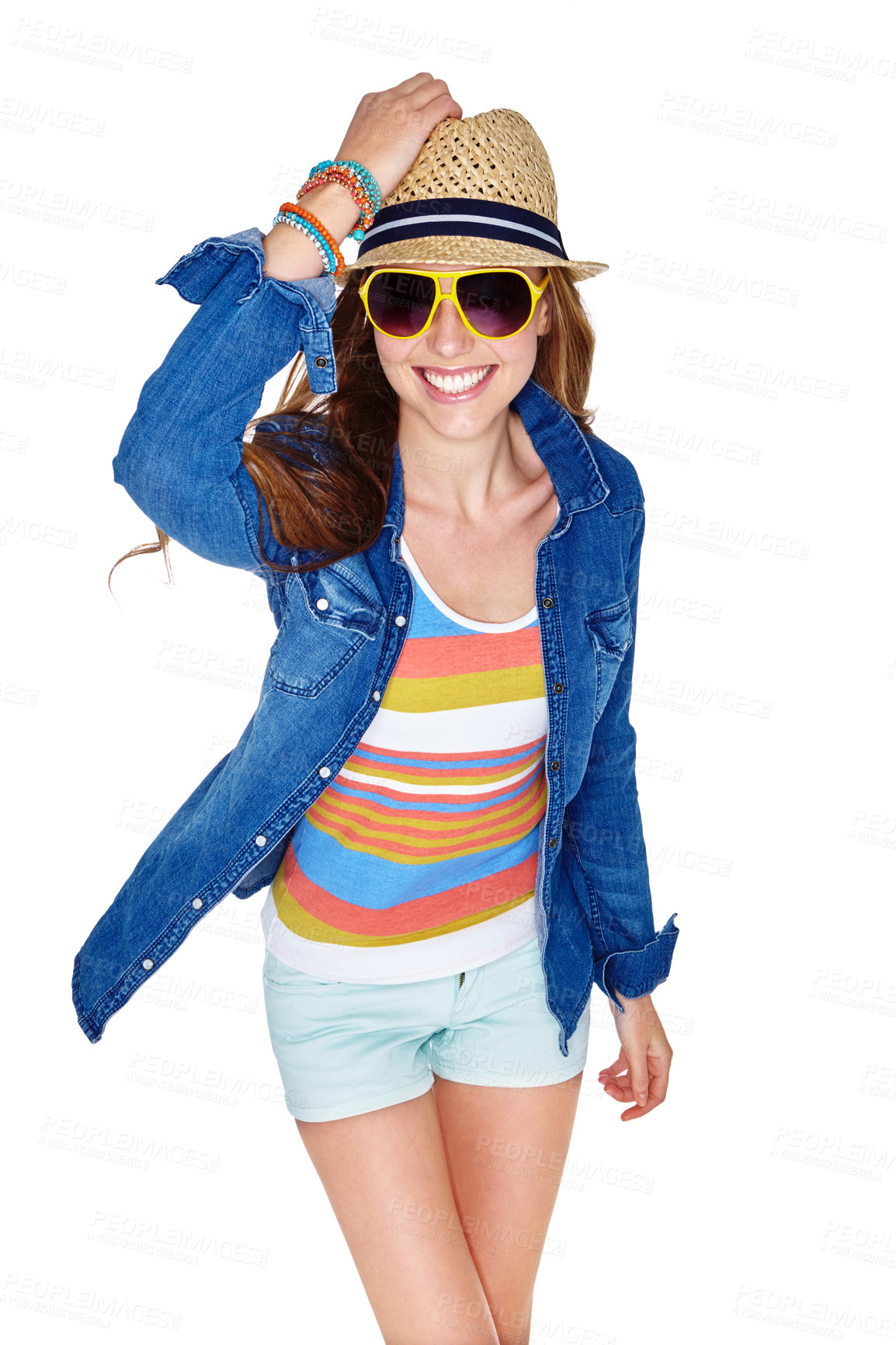 Buy stock photo Studio shot of a young woman dressed for summer isolated on white