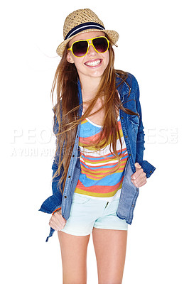 Buy stock photo Studio shot of a young woman dressed for summer isolated on white