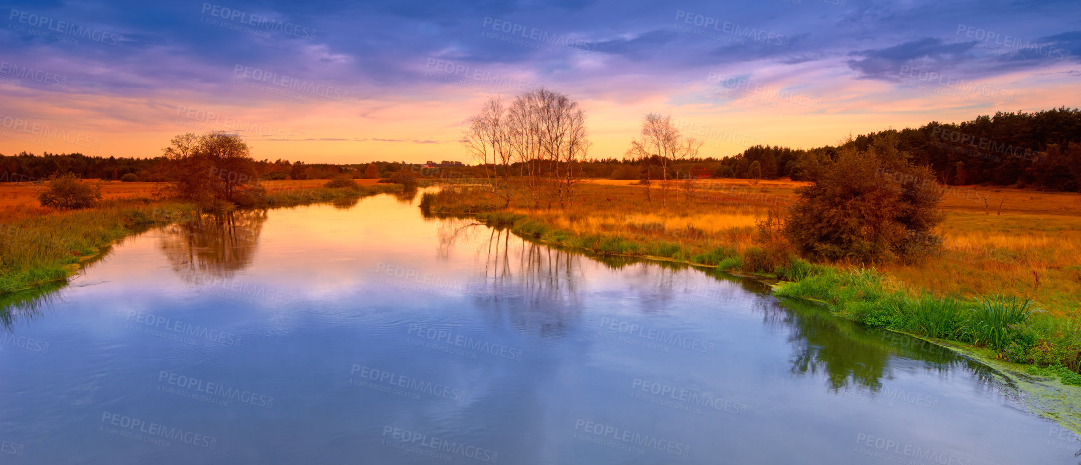 Buy stock photo Autumn, river and nature with trees, forest or scenic view with blue sky in Canada countryside. Outdoor, environment or aesthetic landscape with grass, plants or vibrant color with sunrise in morning