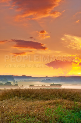 Buy stock photo Farmland, landscape and sunrise for agriculture in nature with clouds, travel location and scenery in countryside. Meadow, environment and field with mockup, ecology and organic growth in Denmark