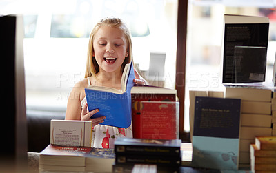 Buy stock photo Smile, stack of books and child in bookshop, learning and relax, studying homework knowledge in store. School, happiness and girl reading in bookstore with story, fantasy and education in shop window