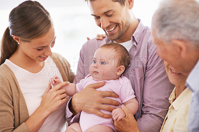 Buy stock photo Family, grandparents with baby and parents are happy at home, people bonding with love and relationship. Support, trust and care, smile for pride and generations, childhood and connect with infant