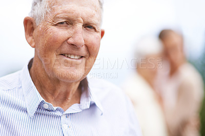 Buy stock photo Elderly, man and happy portrait outdoor on holiday, vacation and travel for retirement with confidence. Senior, person and face with smile in garden, nature or backyard of home for relax and break