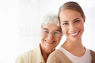 Buy stock photo Hug, white background and portrait of senior mother with daughter embrace for bonding, relationship and love. Family, retirement and elderly parent with woman for care, affection and relax together
