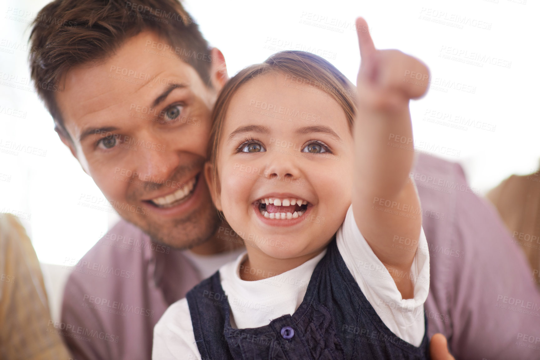 Buy stock photo Happy, father and daughter excited at family home, smile and cheerful on sofa. Bonding time, dad and child with face expression young girl, motor skills growth and development in house