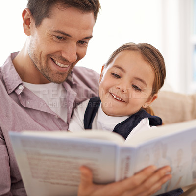 Buy stock photo Father, child and reading book for fairytale, happy with bonding at home and knowledge for education. Man, young girl and story time for fantasy and learning with love and care together in lounge