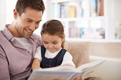 Buy stock photo Dad, kid and reading book for storytelling, happy with bonding at home and knowledge for education. Man, young girl and story time for fantasy and learning with love and care together in lounge