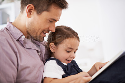 Buy stock photo Father, kid with book for reading and storytelling, happy with bonding at home and knowledge for education. Man, young girl and story time for fantasy and learn with love and care together in lounge