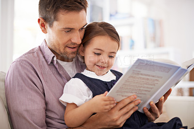 Buy stock photo Father, child with book for reading and knowledge, happy with bonding at home and storytelling for education. Man, young girl and story time for fantasy and learn, love and care together in lounge