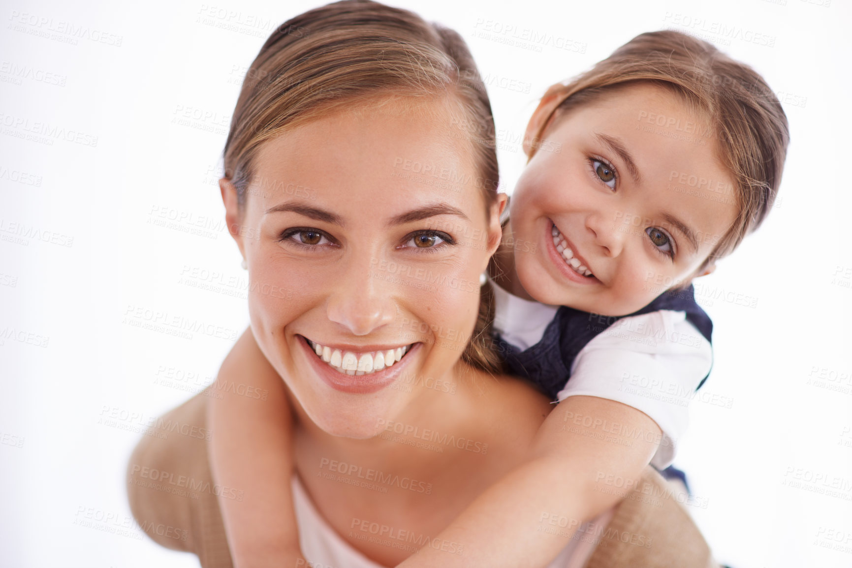 Buy stock photo Mom, kid and piggyback in portrait in studio with games, love and bonding with smile while playing on white background. Playful woman, young girl and happy with fun time together for childhood