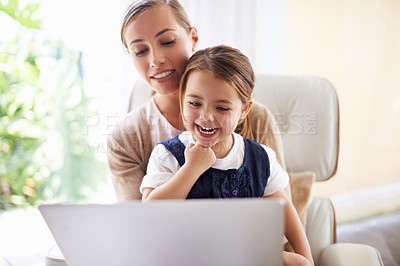 Buy stock photo Laptop, education or elearning with woman and daughter on sofa in living room of home to study together. School, remote lesson or homework with mother and girl child in apartment for development