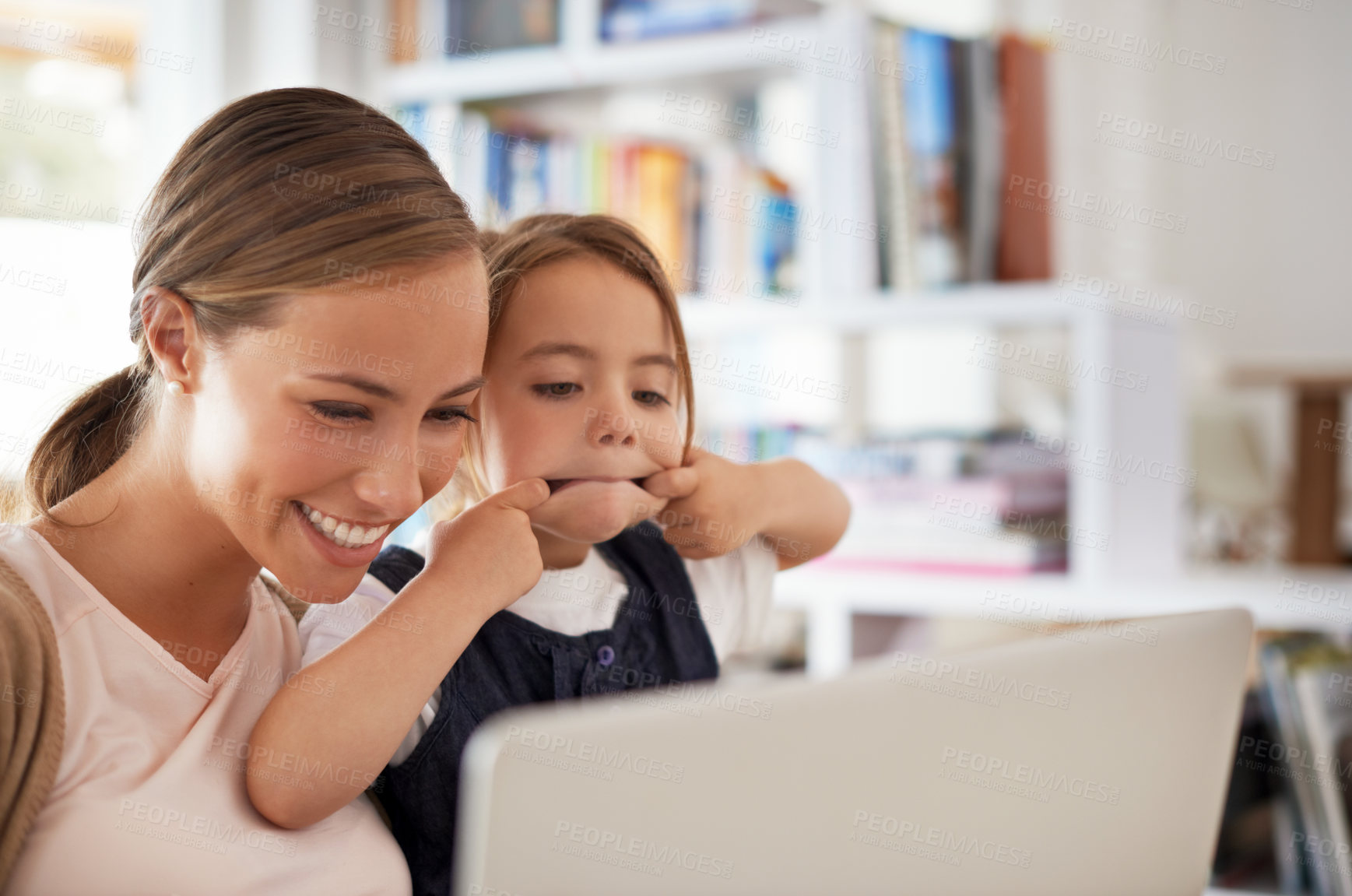 Buy stock photo Laptop, video call or funny face with mother and daughter on sofa in living room of home to study together. School, distance education or elearning with woman parent and girl child in apartment