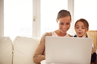 Buy stock photo Laptop, class or elearning with mother and daughter on sofa in living room of home to study together. Computer, remote lesson or homework with woman parent and girl child in apartment for growth