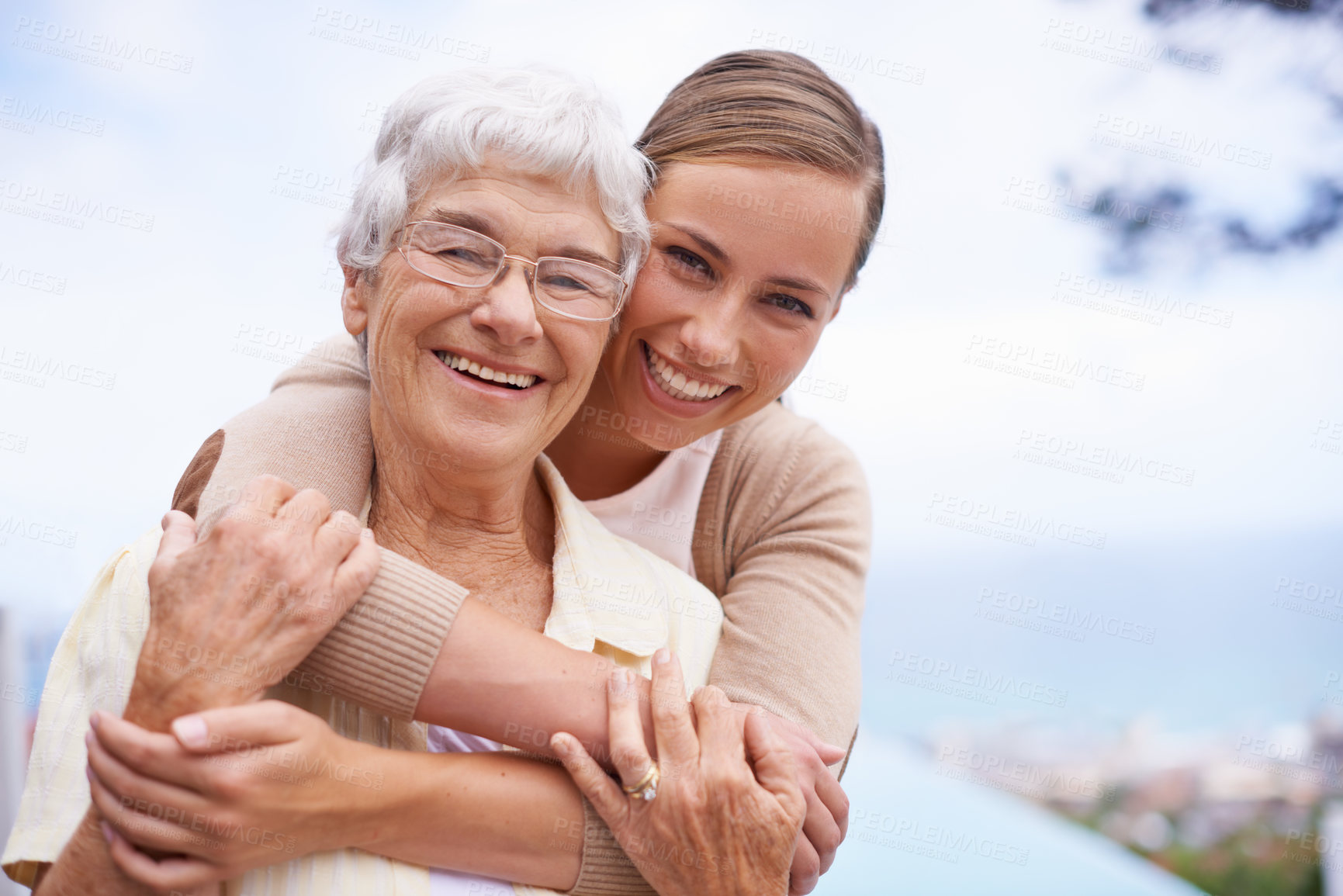 Buy stock photo Hug, love and portrait of senior mother with daughter embrace for bonding, relationship and love. Family, retirement and happy elderly parent with woman for care, affection and relaxing outdoors