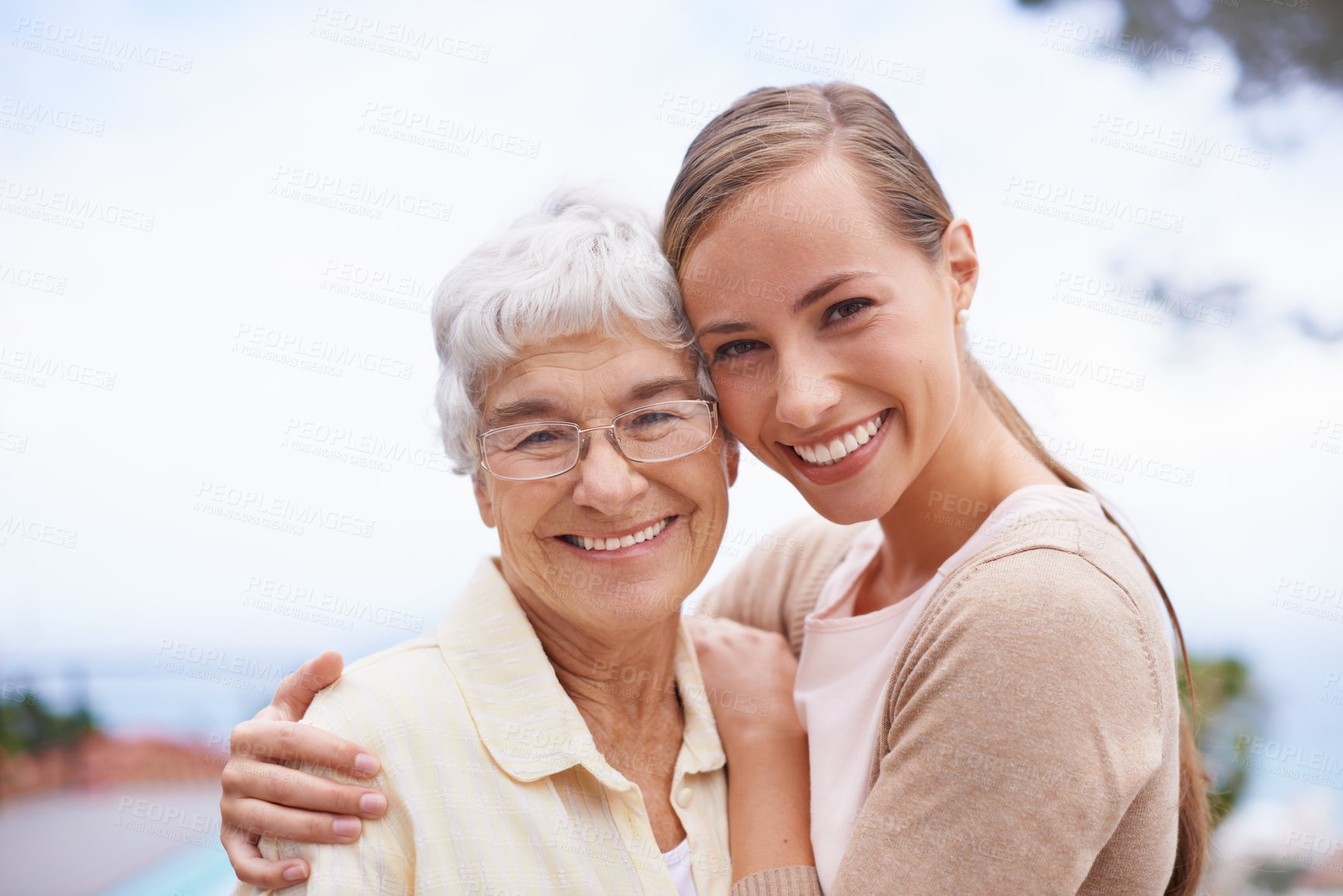 Buy stock photo Hug, family and portrait of senior mother with daughter embrace for bonding, relationship and love. Happy, retirement and face of elderly parent with woman for care, affection and relaxing outdoors