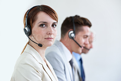 Buy stock photo Call center, serious or portrait of woman in customer service, business support and CRM in office. Face, advisor or telemarketing agent in mic headset ready for telecom consulting in coworking agency