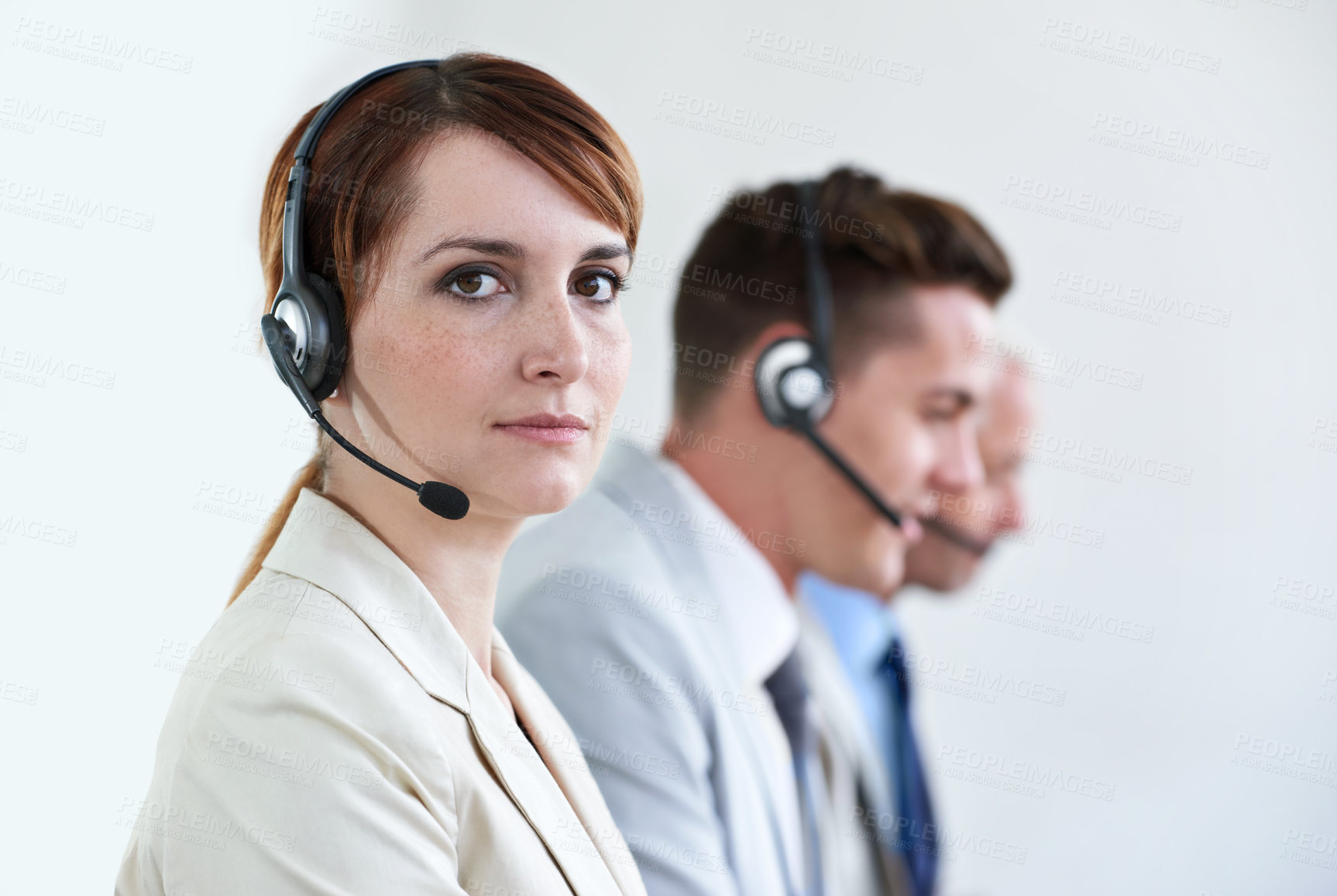 Buy stock photo Call center, serious or portrait of woman in customer service, business support and CRM in office. Face, advisor or telemarketing agent in mic headset ready for telecom consulting in coworking agency