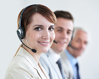 Buy stock photo Woman, call center and face, CRM or contact us with headset and mic, coworking and smile for communication. Telecom, customer service or telemarketing, agent in portrait for tech support or help desk