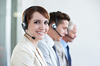 Buy stock photo Call center, smile or portrait of happy woman in customer service, business support and CRM in office. Face, advisor or telemarketing agent in mic headset for telecom consulting in coworking agency