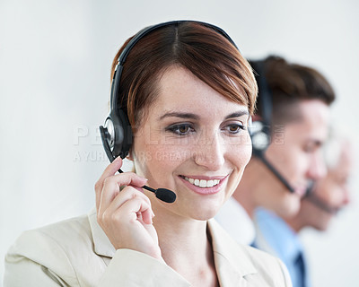 Buy stock photo Woman, callcenter and phone call, CRM or contact us with headset and mic, coworking and smile for communication. Telecom, customer service or telemarketing with agent for tech support or help desk