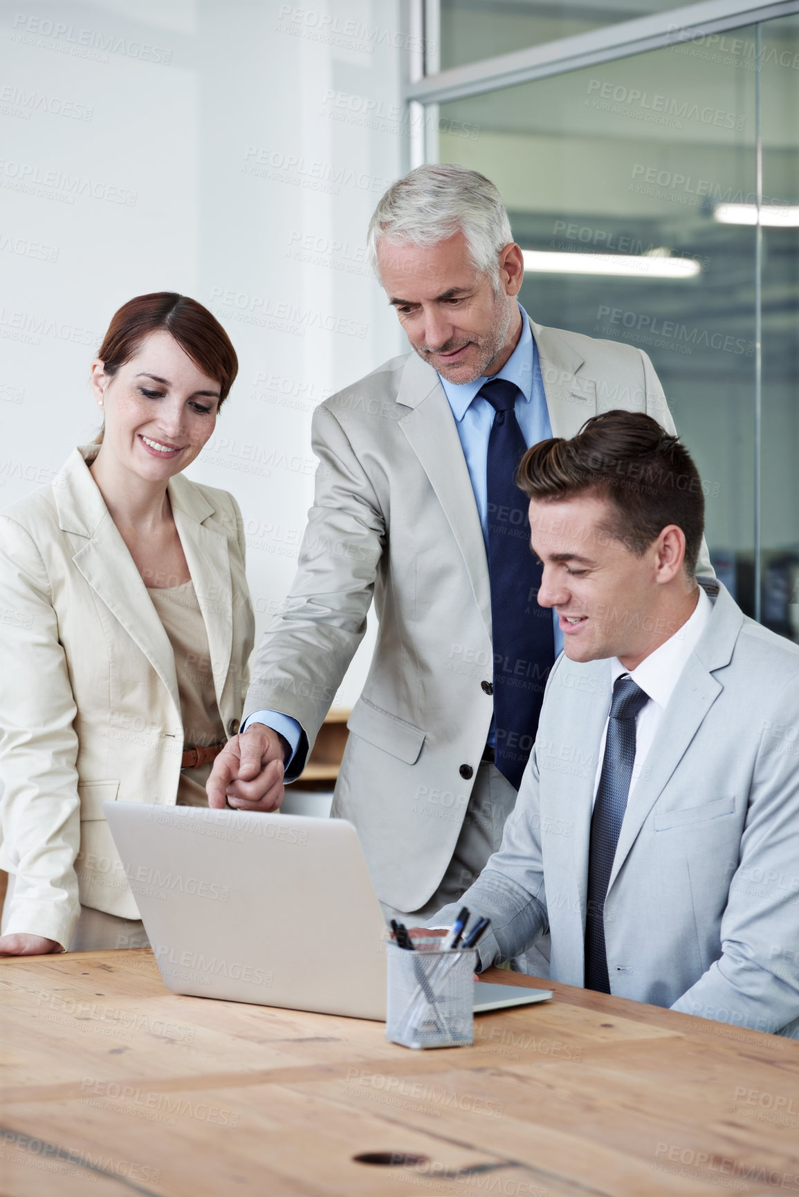 Buy stock photo Laptop, discussion and business people in office for research on corporate legal project in collaboration. Team, meeting and group of attorneys work on law case with computer in workplace boardroom.