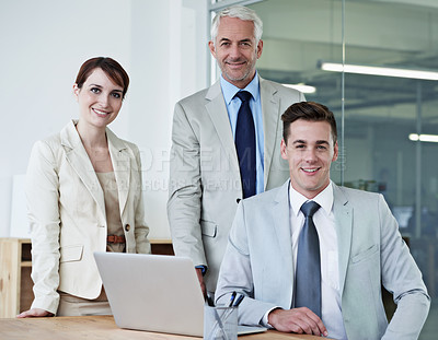 Buy stock photo Computer, meeting and portrait of business people in office for research on corporate legal project in collaboration. Team, technology and group of attorneys work on law case with laptop in workplace