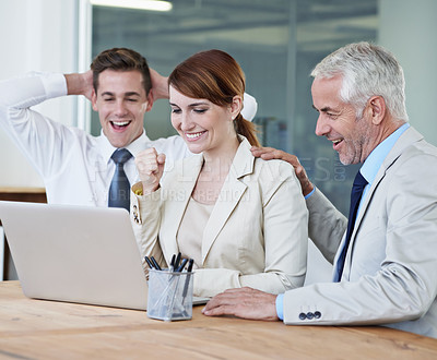Buy stock photo Wow, happy woman or business people with laptop for stock market goal, achievement or profit target online. Deal success, teamwork or excited traders trading for bonus prize for investment growth 