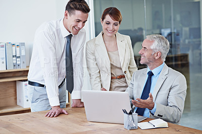 Buy stock photo Business people, laptop and discussion for training in boardroom, communication and meeting in office. Senior manager, employees and tech for assistance in teaching, mentor and advice for support