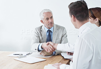 Buy stock photo Handshake, business people or contract for partnership agreement or office welcome in meeting. Shaking hands, b2b or corporate lawyers in collaboration for teamwork with documents, deal or paperwork 