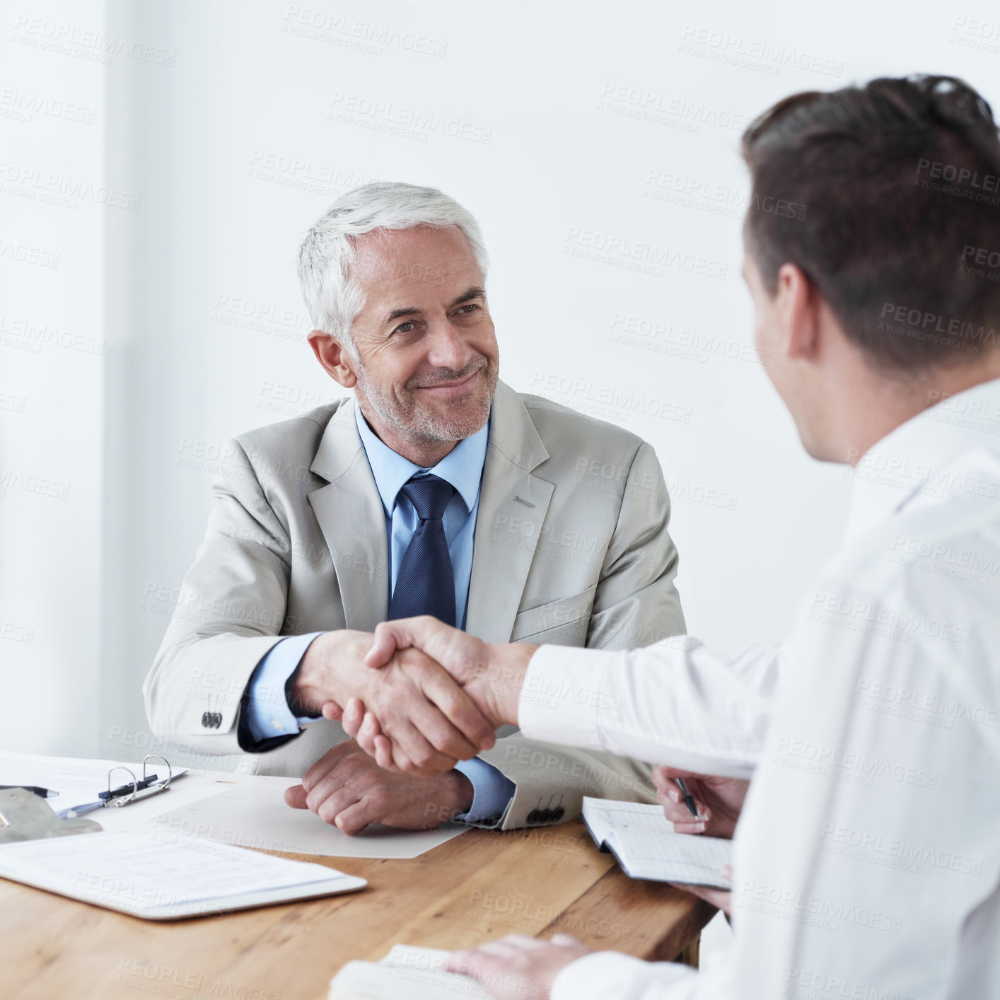 Buy stock photo Handshake, happy business people or contract for partnership agreement or welcome in meeting. Shaking hands, b2b or corporate lawyers in collaboration for teamwork with documents, deal or paperwork