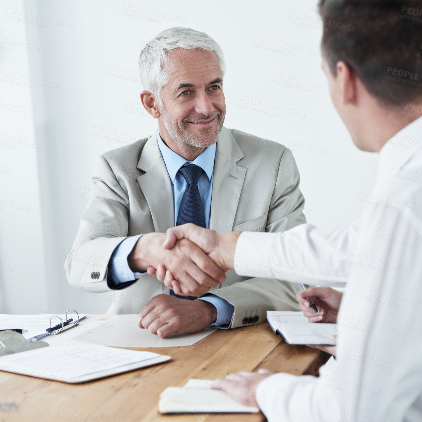 Buy stock photo Handshake, happy business people or documents for partnership agreement or welcome in meeting. Shaking hands, b2b or corporate lawyers in collaboration for teamwork with contract, deal or paperwork