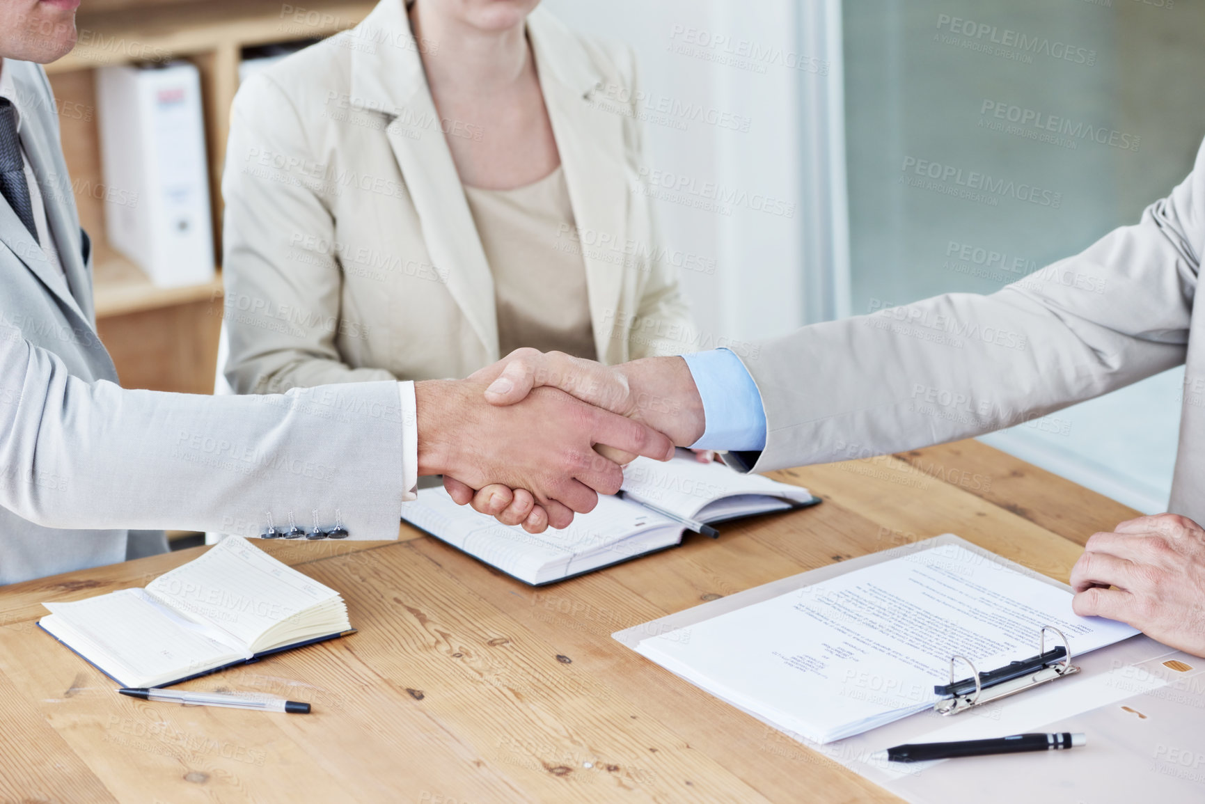 Buy stock photo Handshake, business people and agreement, onboarding with human resources, meeting or interview at office. Trust, cooperation and partnership with hiring, recruitment and shaking hands for welcome