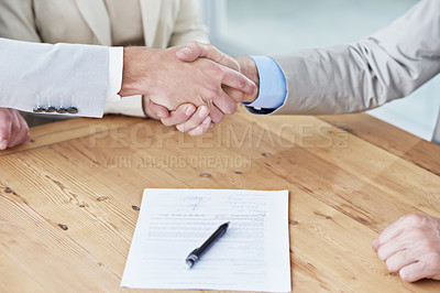 Buy stock photo Handshake, business people and contract, onboarding with human resources, meeting or interview at office. Paperwork, cooperation and partnership with signature, hiring and shaking hands for welcome