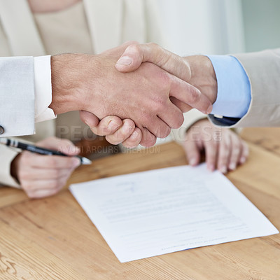 Buy stock photo Shaking hands, business people and contract, onboarding closeup with human resources in meeting or interview . Paperwork, cooperation and partnership with signature, hiring and handshake for welcome