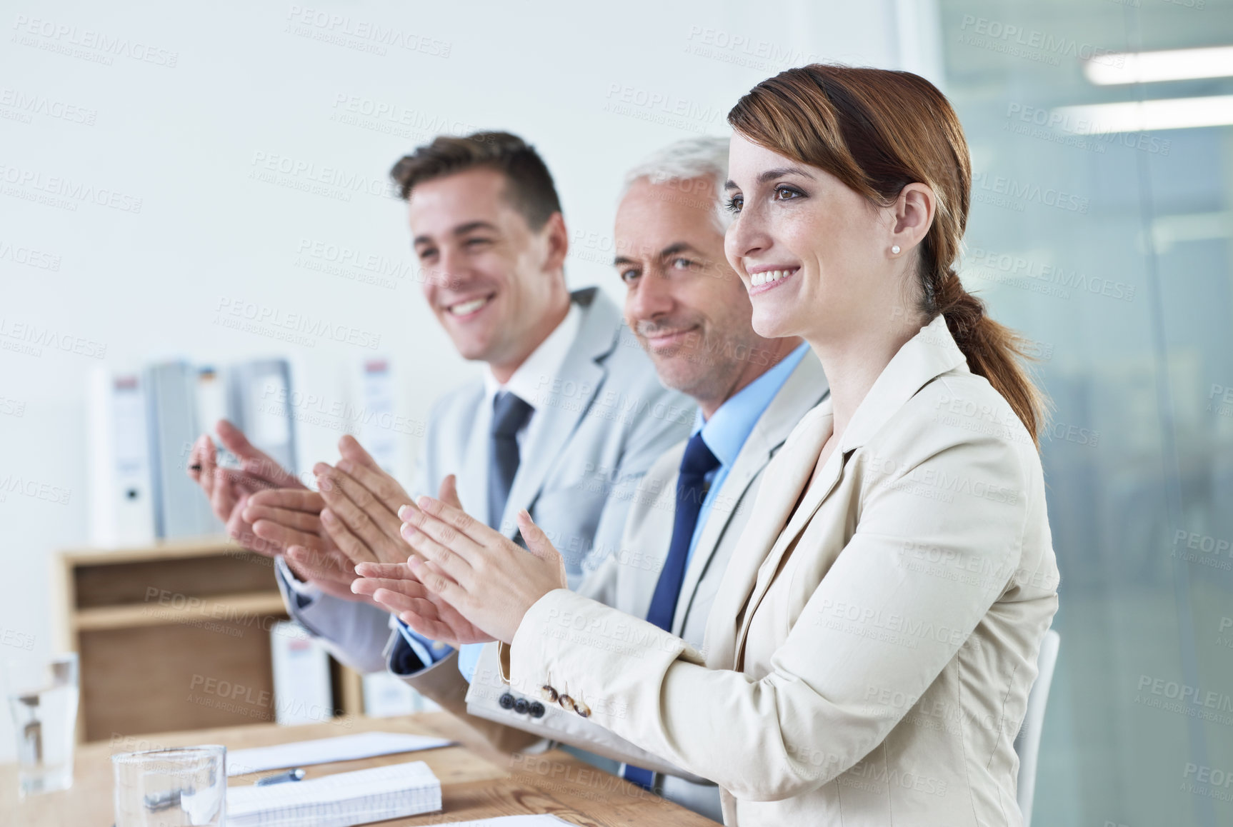 Buy stock photo Business people, applause and support for success with pride and audience at presentation or seminar. Clapping hands, congratulations and team praise, workshop in conference room for winner or reward