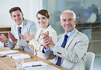 Buy stock photo Success, happy CEO or business people clapping in presentation for winning, team support or motivation. Meeting, audience or applause of proud employees for target goals, achievement or celebration 