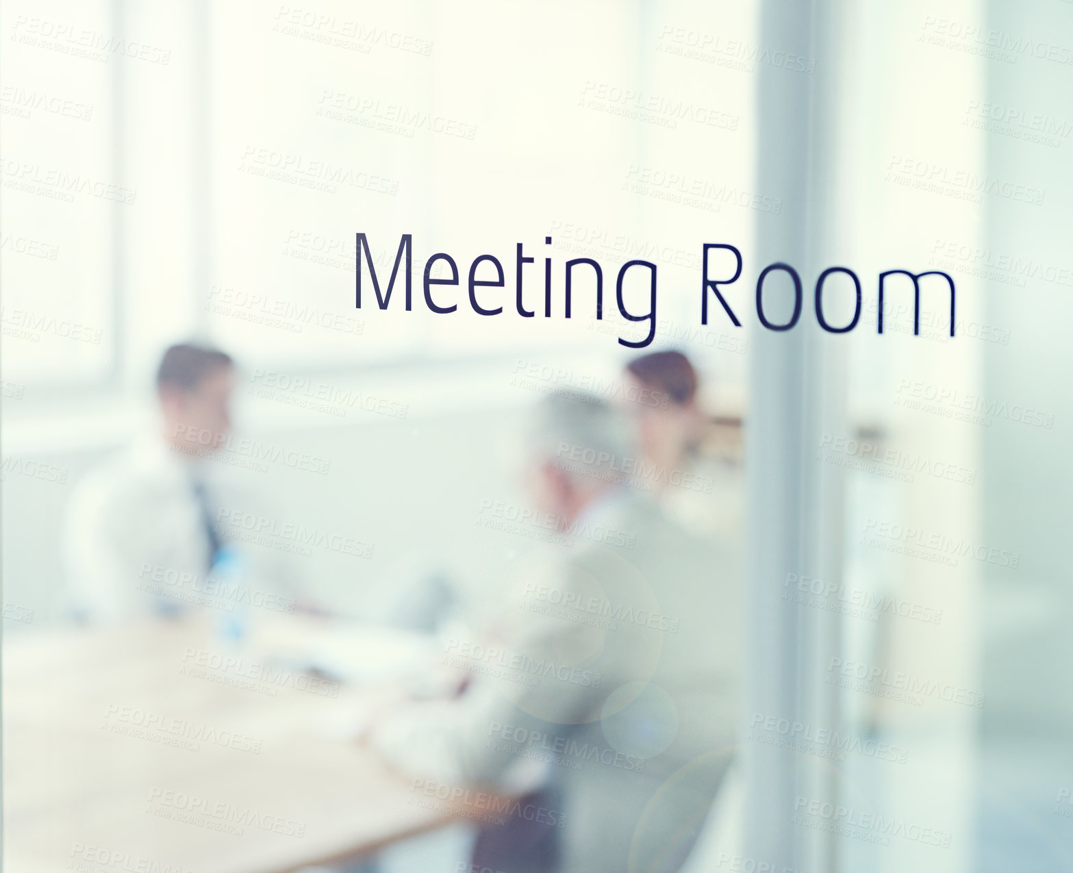 Buy stock photo Business people, glass and meeting room sign for planning, collaboration or teamwork at office. Group, blurry or employees with strategy for discussion, conversation or brainstorming at workplace