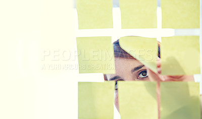 Buy stock photo Employee, sticky notes and glass wall for planning, thinking and vision for logistics and ideas. Businesswoman, brainstorming and mockup for meeting, goals and teamwork for project management