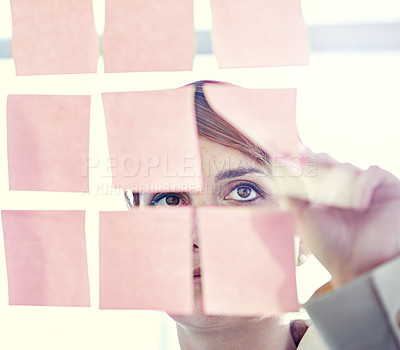 Buy stock photo Businesswoman, sticky notes and glass wall for planning, thinking and vision for logistics and ideas. Employee, brainstorming and mockup for meeting, goals and teamwork for project management