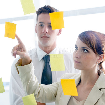 Buy stock photo Business people, glass wall and sticky note for planning, meeting and brainstorming for a project. Staff, teamwork and agency with a deadline and cooperation with startup and collaboration for ideas