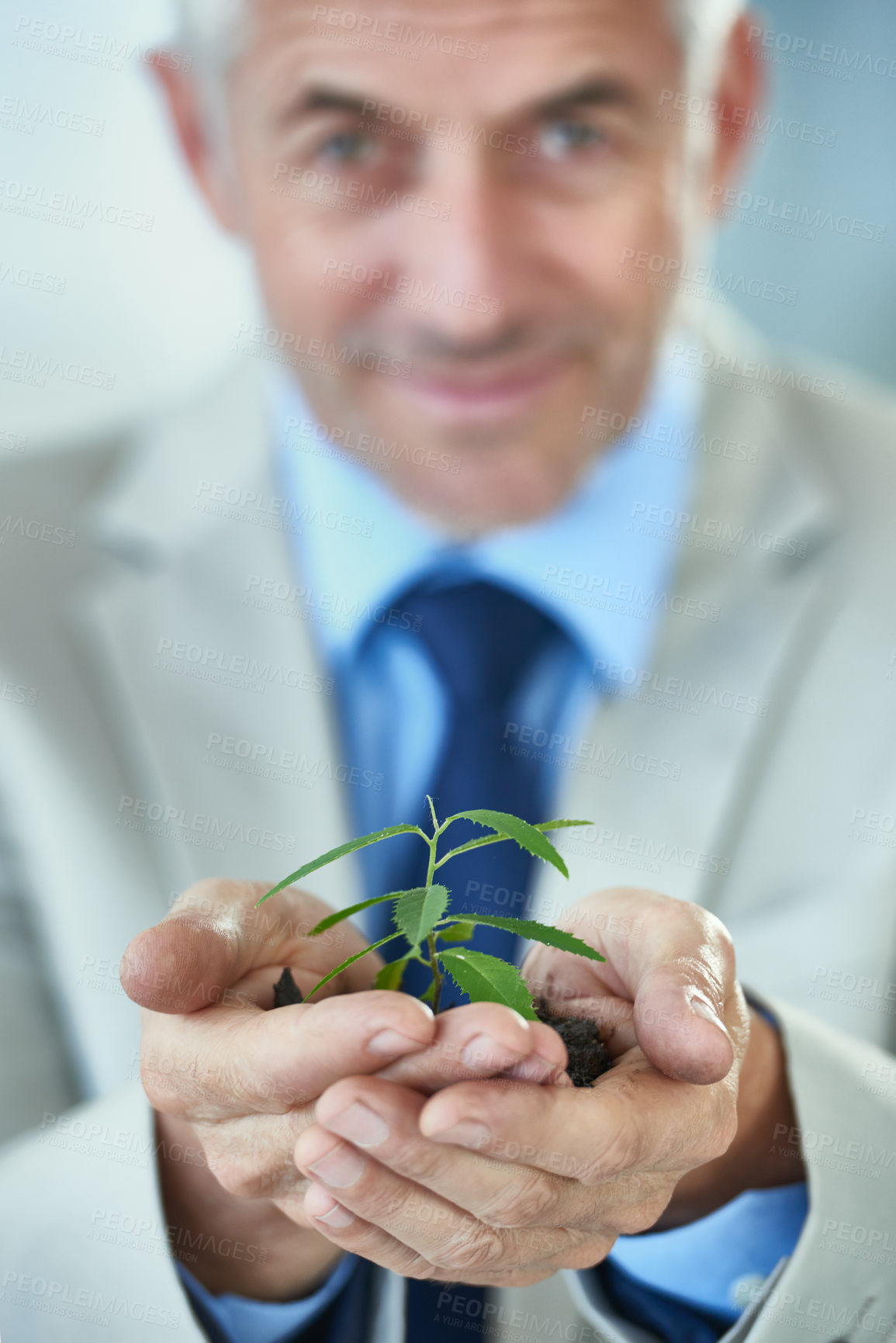 Buy stock photo Portrait, business and man with soil, plants and finance with growth and agriculture with sustainability. Face, mature person or entrepreneur with accountant or corporate with startup or eco friendly